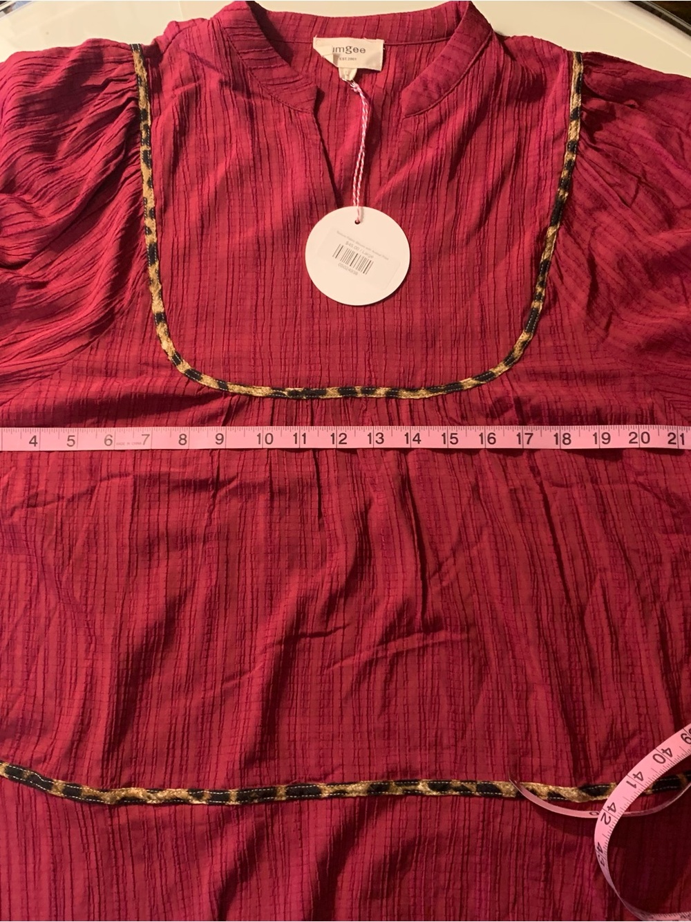 Women's Deep Pink Peasant Top Puff Sleeves With Tiger Print Trim